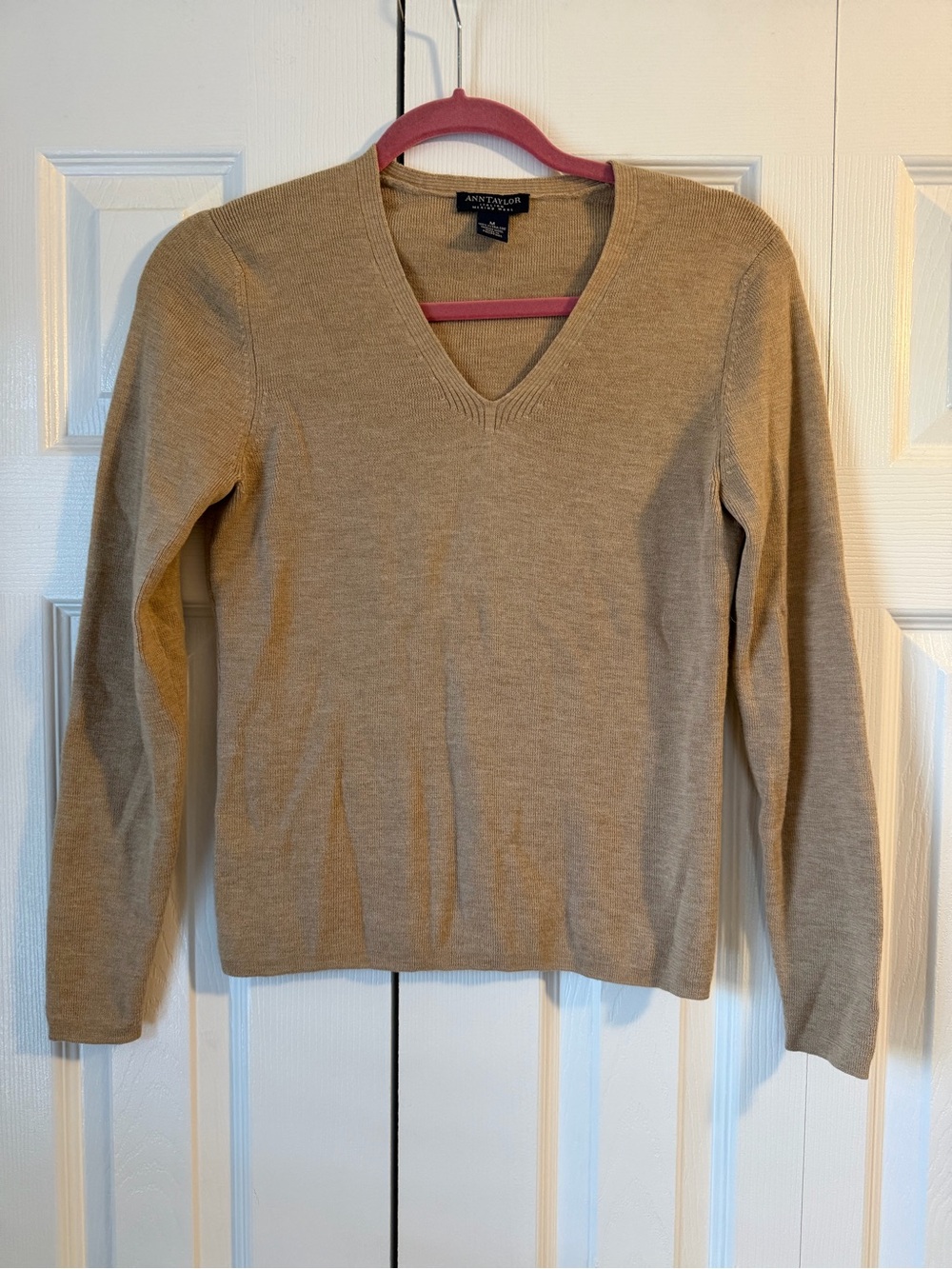 Ann Taylor Italian Merino Wool Camel V-Neck Sweater
